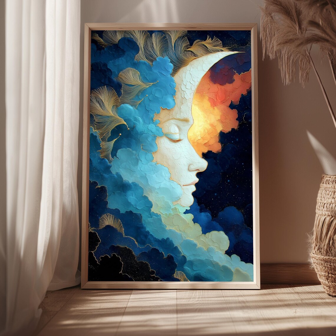 Crescent Moon Woman Face Blue Gold Clouds Dreamy Celestial Print