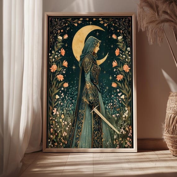 Celestial Warrior Wall Art Fantasy Woman Knight Print Boho Tapestry Decor Medieval Moon Illustration