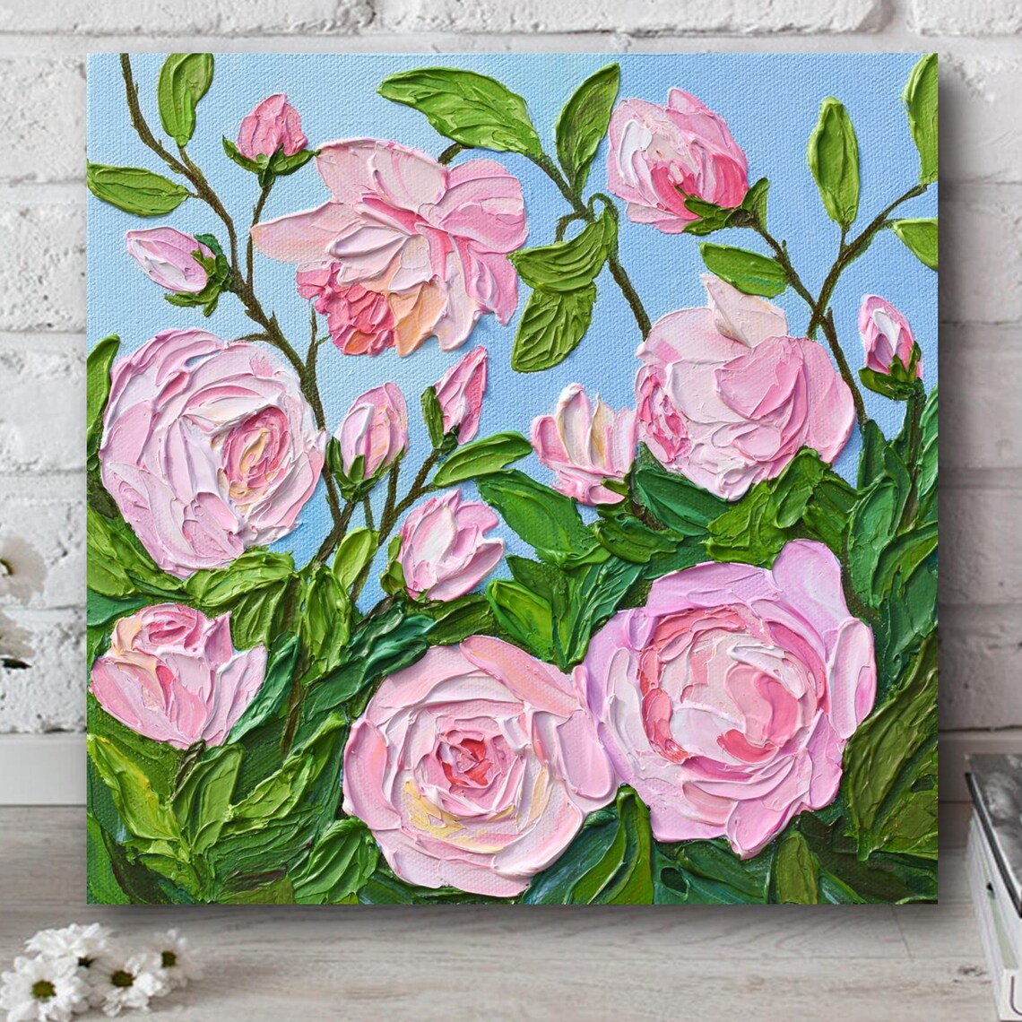Pink Roses Painting Impasto Textured Floral Artwork Green Leaves Print - Image 2
