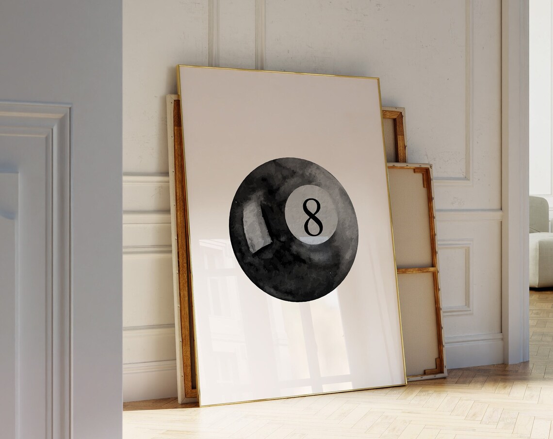 Black Eight Ball Watercolor Minimalist Game Room Pool Hall Poster