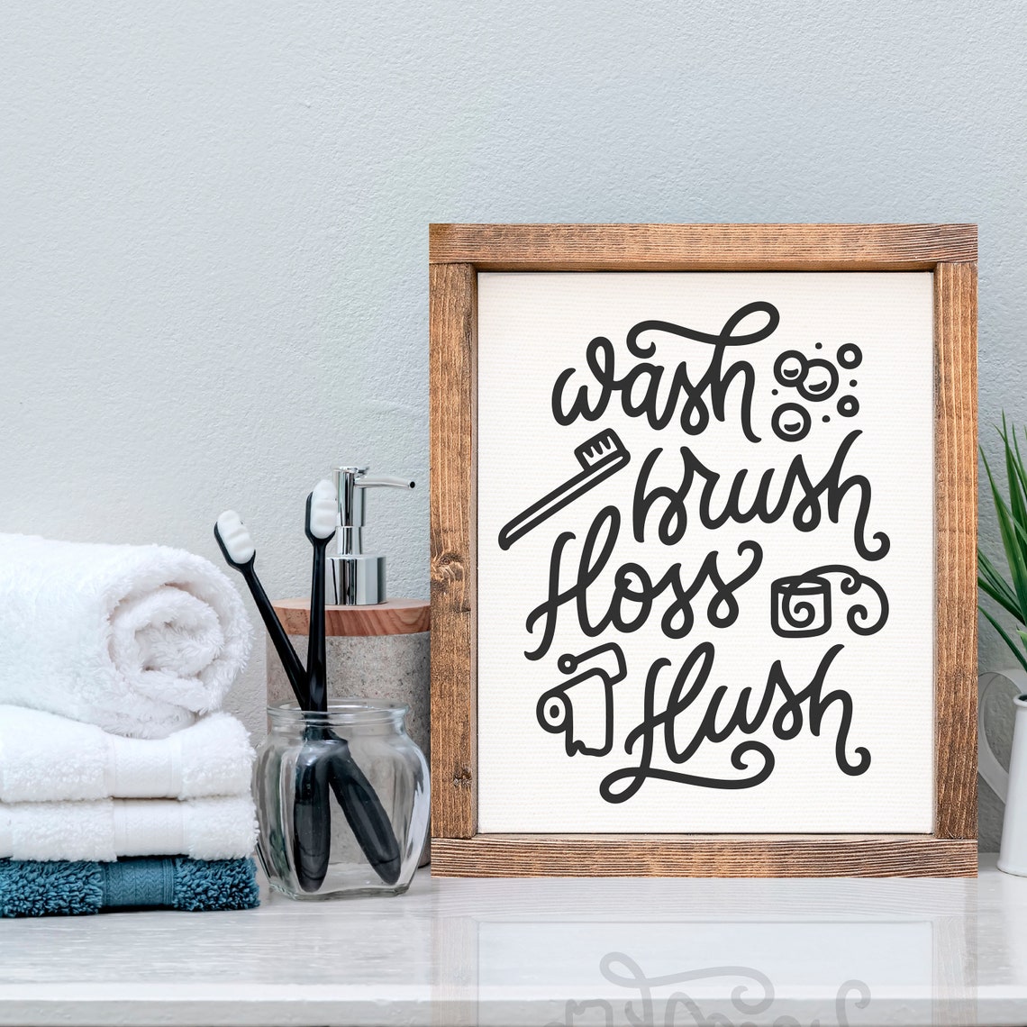 Funny Wash Brush Floss Flush Toothbrush Icon Bathroom Poster