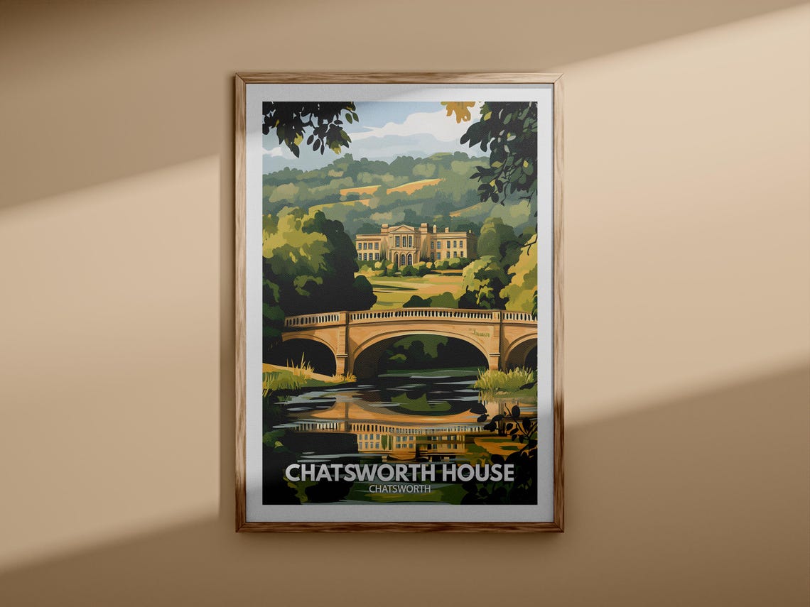 Chatsworth House Derbyshire Stone Bridge River English Estate Poster - Image 3