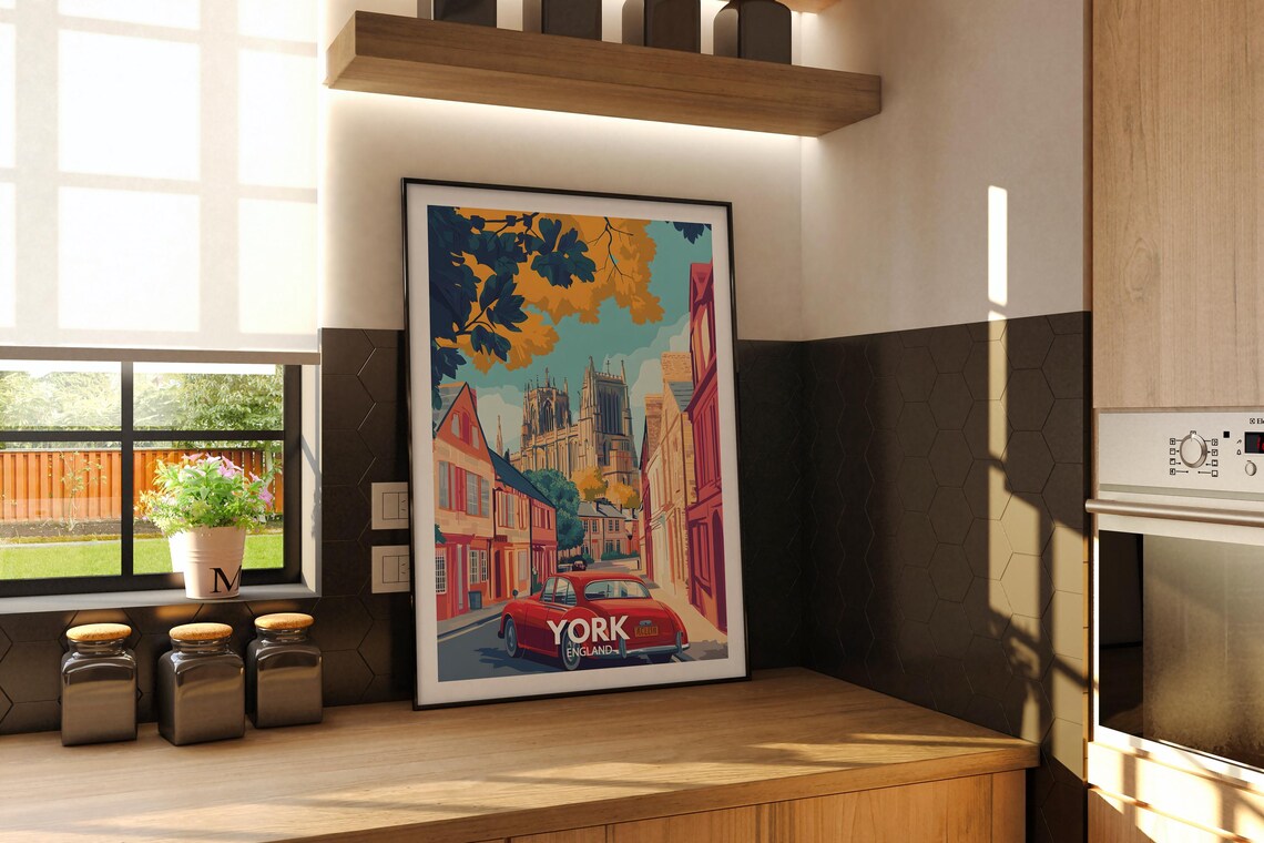 York England Vintage Red Car Street Minster View Travel Poster - Image 2