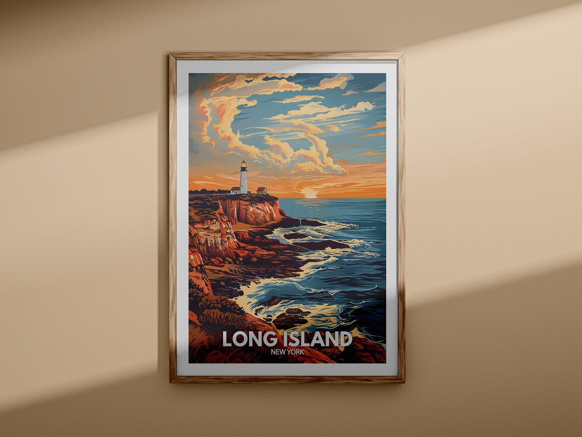Long Island New York Lighthouse Rocky Coast Sunset Travel Poster - Image 3