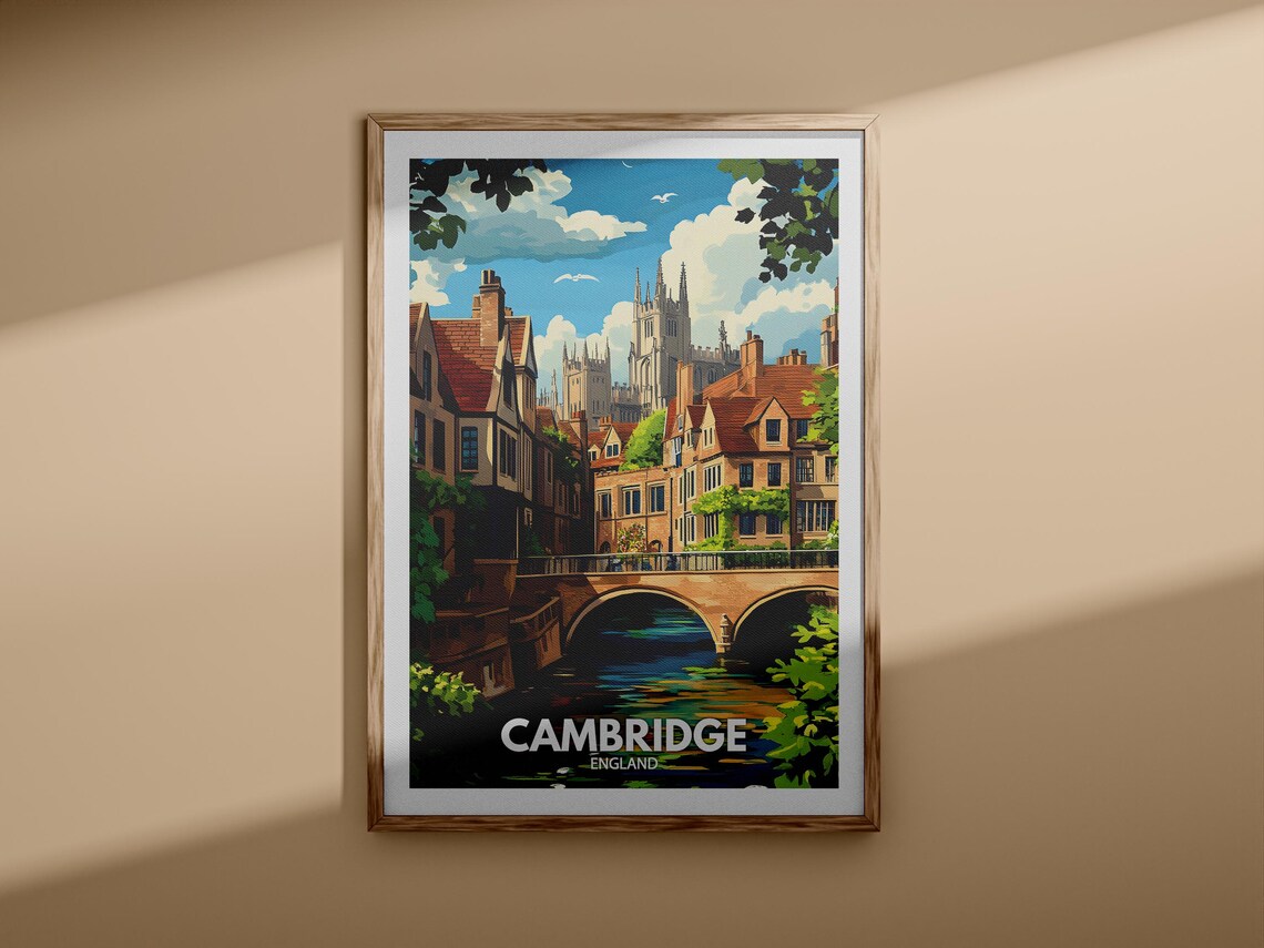 Cambridge England River Bridge College Spires Vintage Travel Poster - Image 3