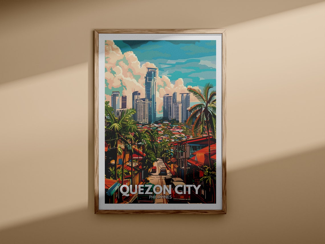 Quezon City Philippines Skyline Palm Trees Urban Travel Poster - Image 3