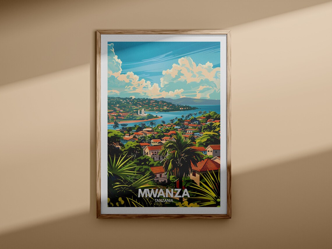 Mwanza Tanzania Lakeside Town Red Roofs Palm Vintage Travel Poster - Image 3