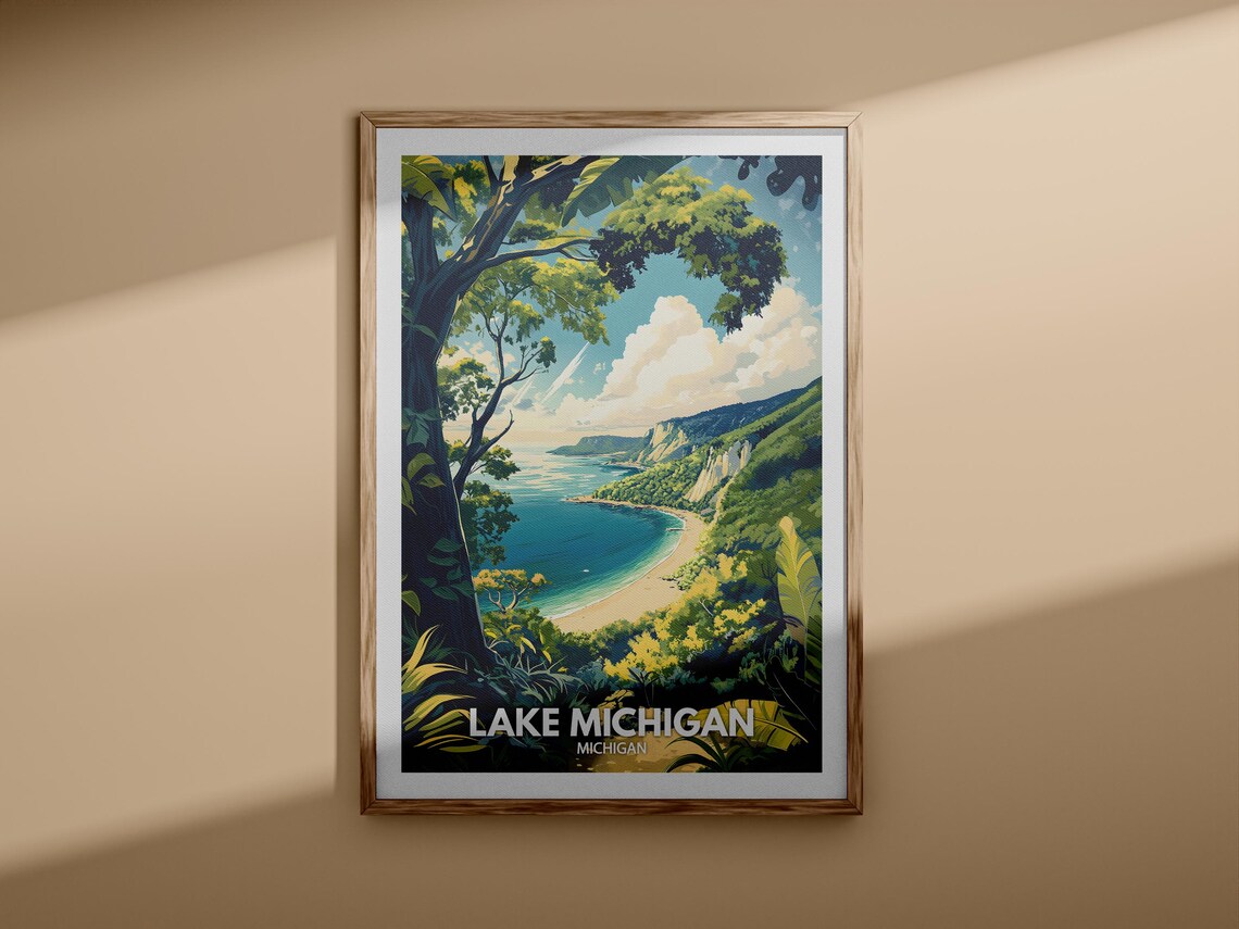 Lake Michigan Michigan Lush Green Coastal Cliffs Retro Travel Poster - Image 3