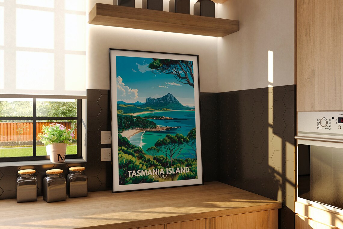 Tasmania Island Australia Turquoise Bay Mountain Coast Travel Poster - Image 2