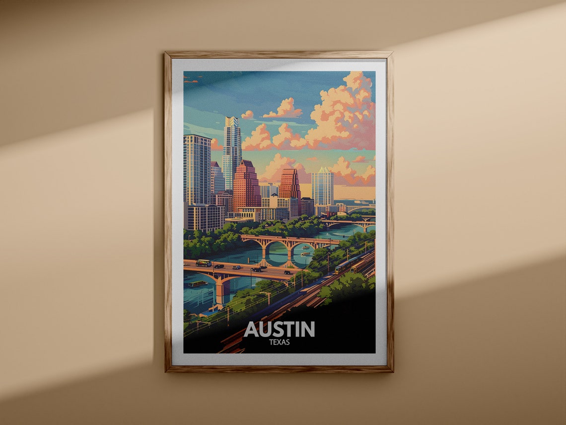 Austin Texas Skyline River Bridges Sunset Vintage Travel Poster - Image 3