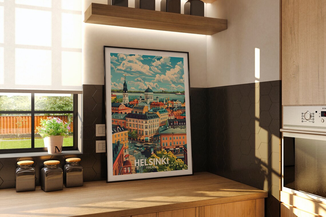 Helsinki Finland Old Town and Harbor Vintage Style Travel Poster - Image 2