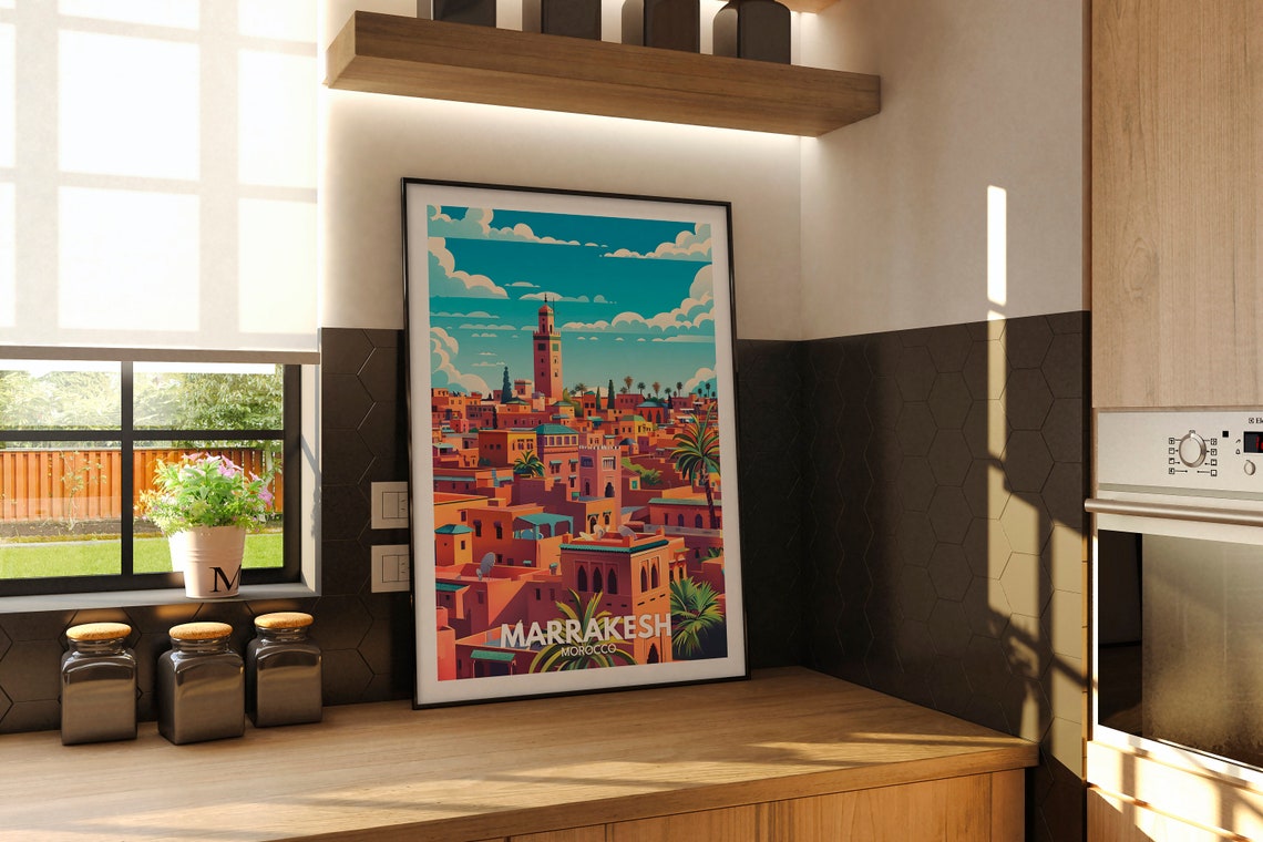 Marrakesh Morocco Red City Minaret Rooftops Vintage Travel Poster - Image 2
