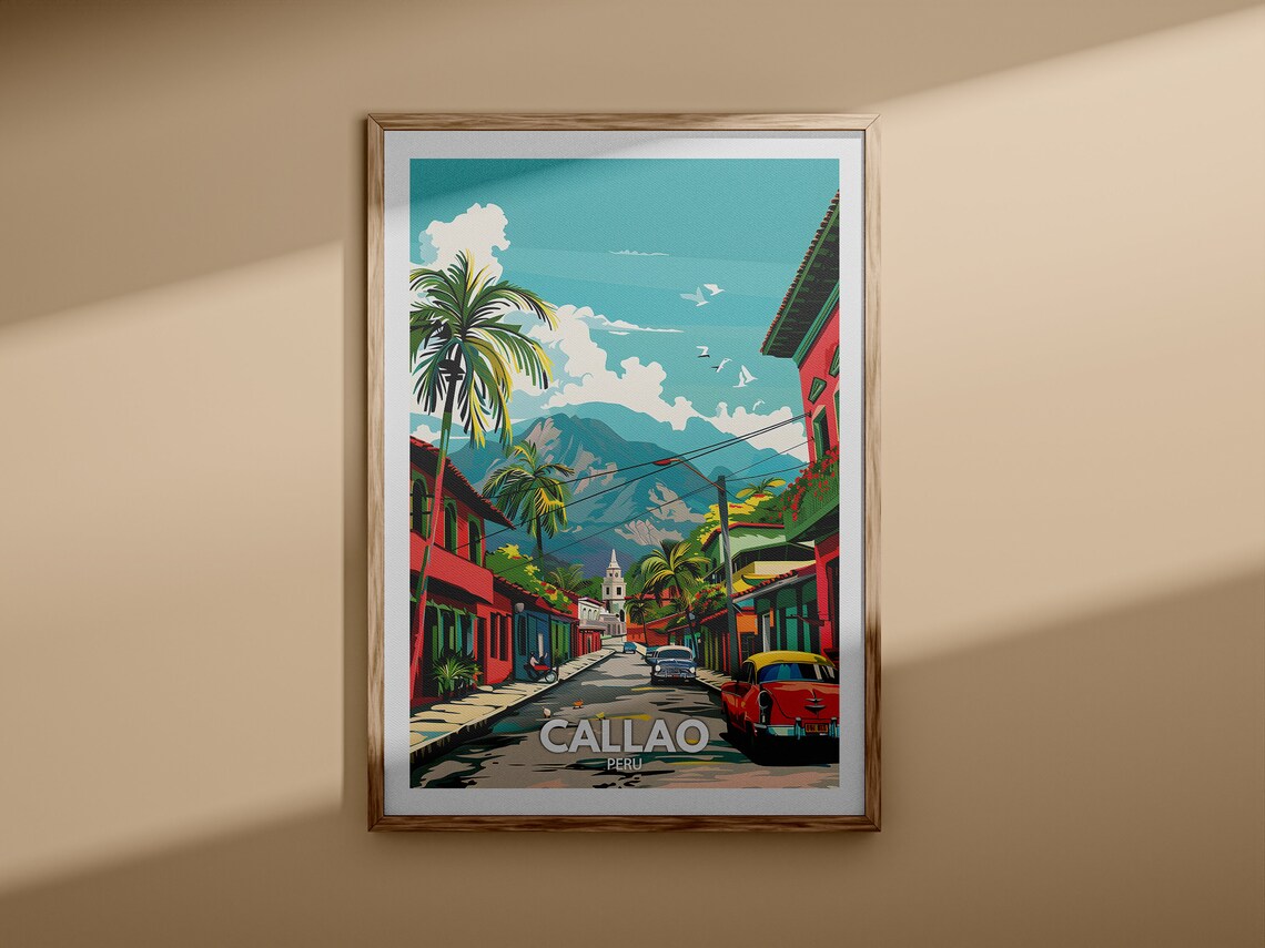 Callao Peru Coastal Street Vintage Cars Palm Trees Tropical Travel Poster - Image 3
