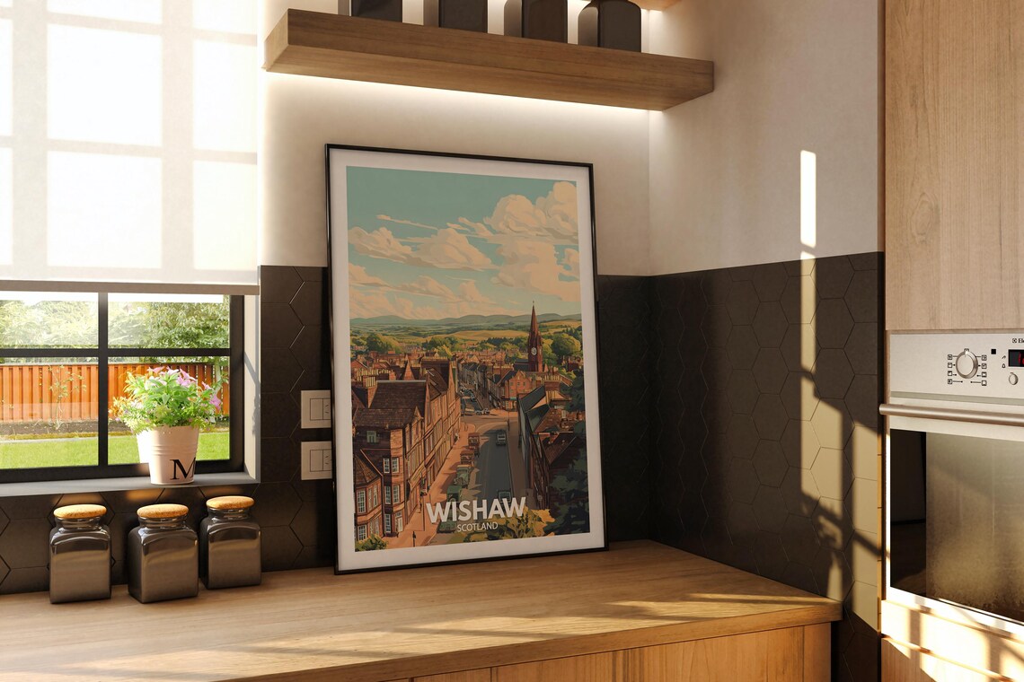 Wishaw Scotland Clock Tower Town Street Retro Vintage Travel Poster - Image 2