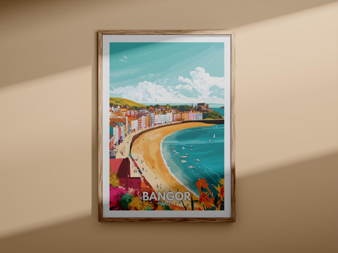 Bangor Wales Illustrated Seaside Travel Poster Beach Harbour Scene - Image 3