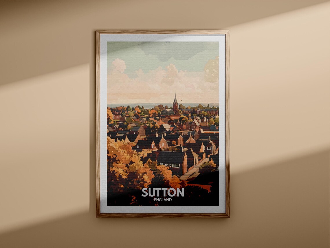 Sutton England Autumn Rooftops with Church Spire Vintage Travel Poster - Image 3