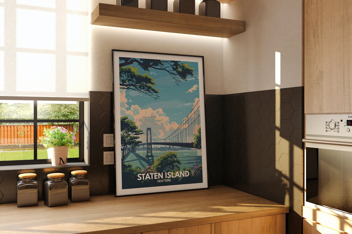 Staten Island New York Suspension Bridge Harbor Vintage Travel Poster - Image 2