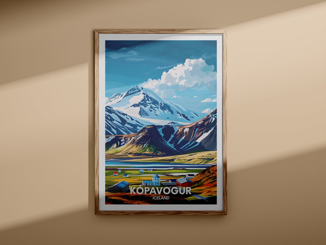 Kopavogur Iceland Snowy Mountain Village Scenic Travel Poster - Image 3