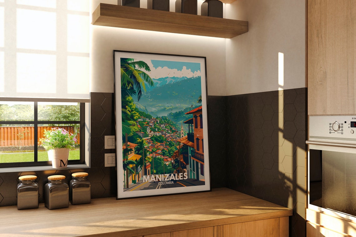 Manizales Colombia Hillside Red Roofs Mountain View Travel Poster - Image 2