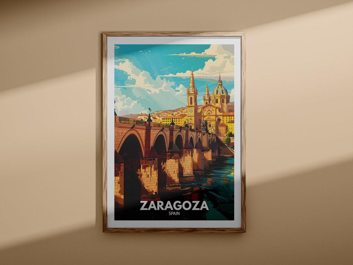 Zaragoza Spain Basilica Stone Bridge River Vintage Travel Wall Decor Poster - Image 3