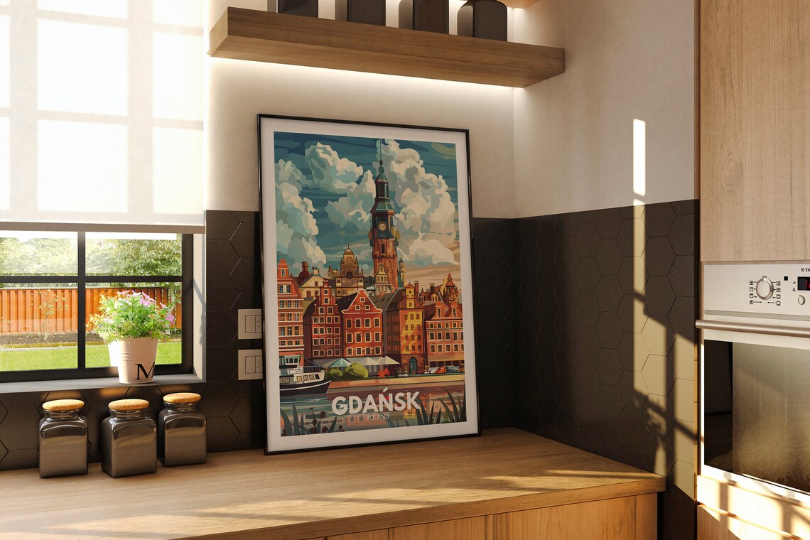 Retro Gdansk Poland Waterfront Brick Cityscape Travel Poster - Image 2