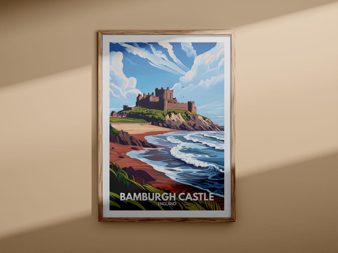 Bamburgh Castle England Beach Waves Coastline Fortress Travel Poster - Image 3