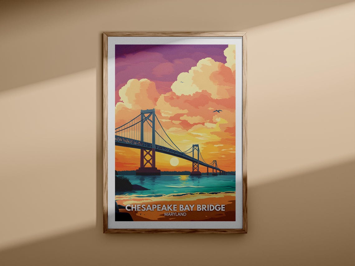 Chesapeake Bay Bridge Maryland Golden Sunset Travel Art Poster - Image 3