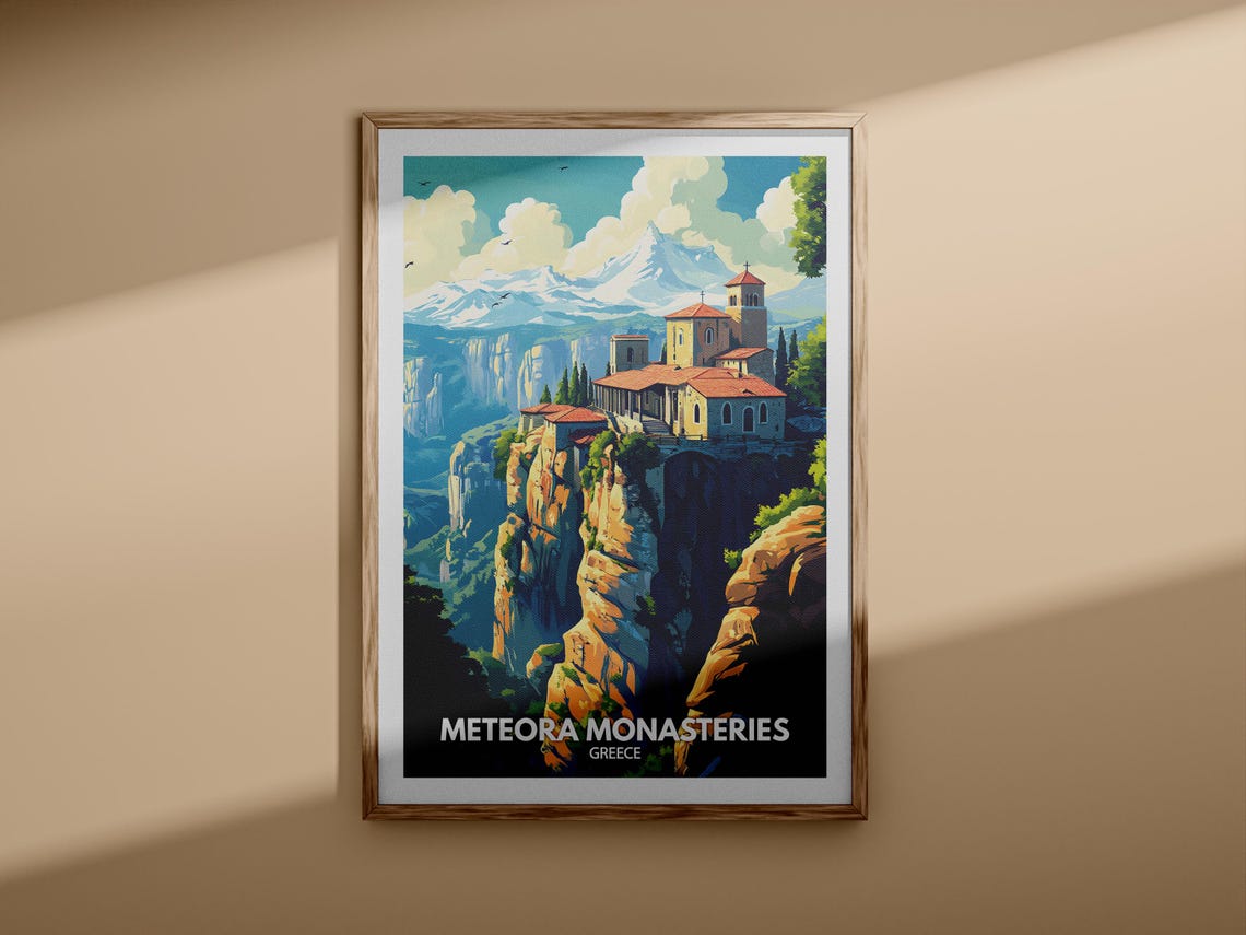Meteora Monasteries Greece Cliff Top Sunset Sky Travel Poster - Image 3