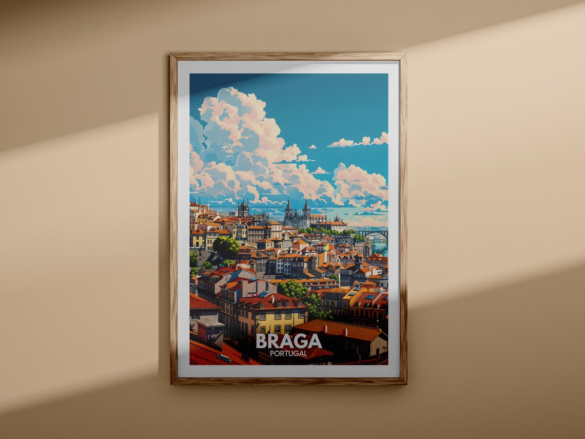 Sunlit Braga Portugal Red Rooftops Cathedral City View Poster - Image 3