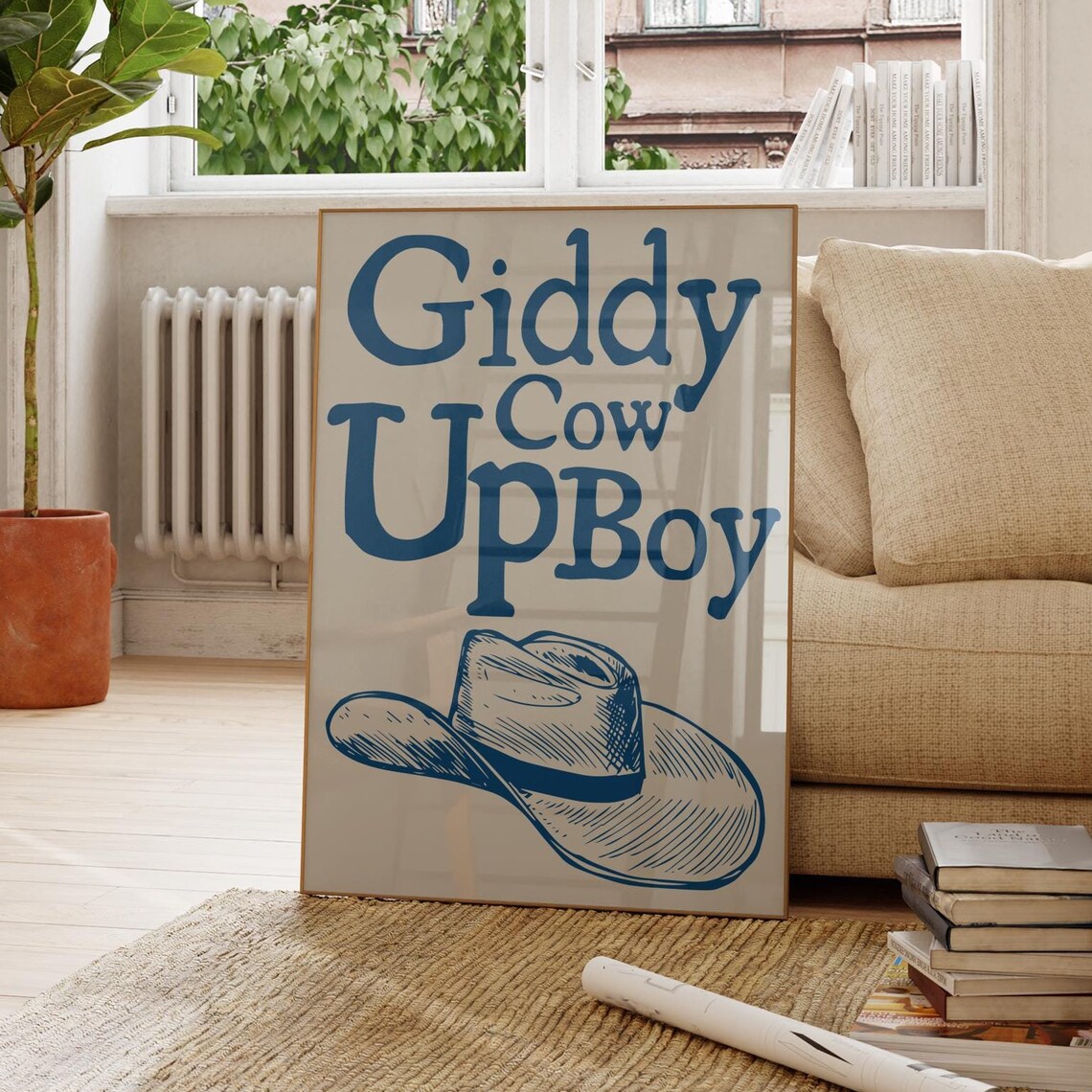 Giddy Cow Up Boy Blue Cowboy Hat Fun Western Typography Poster