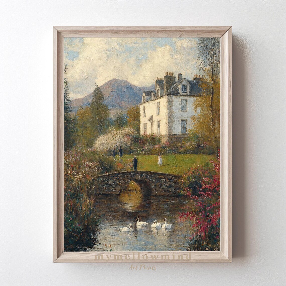 Swans On Pond Classical European Countryside Landscape Art Poster