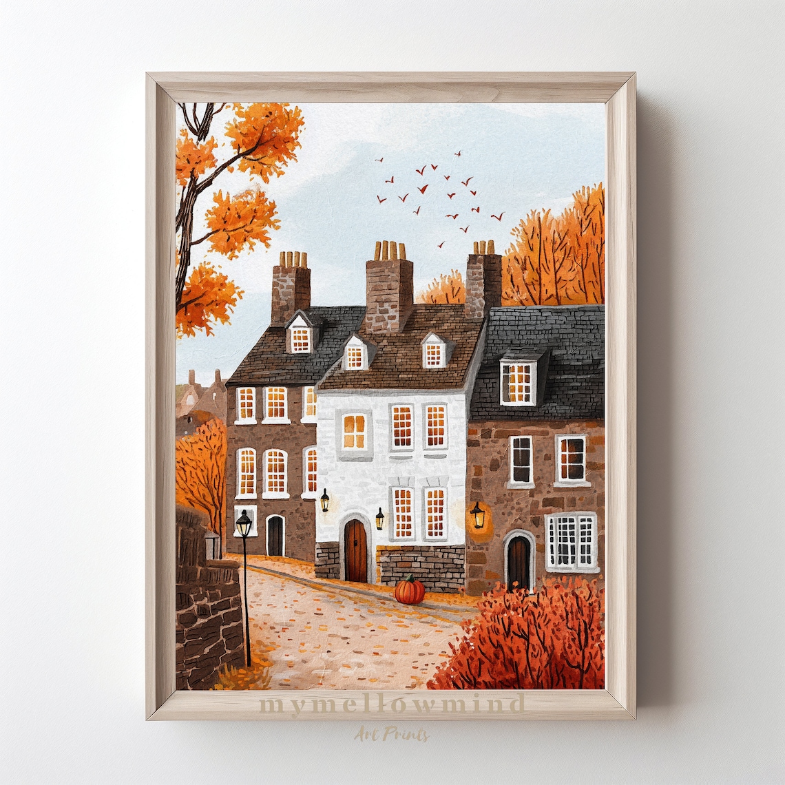 Cozy Street With Pumpkin and Golden Leaves Art Print