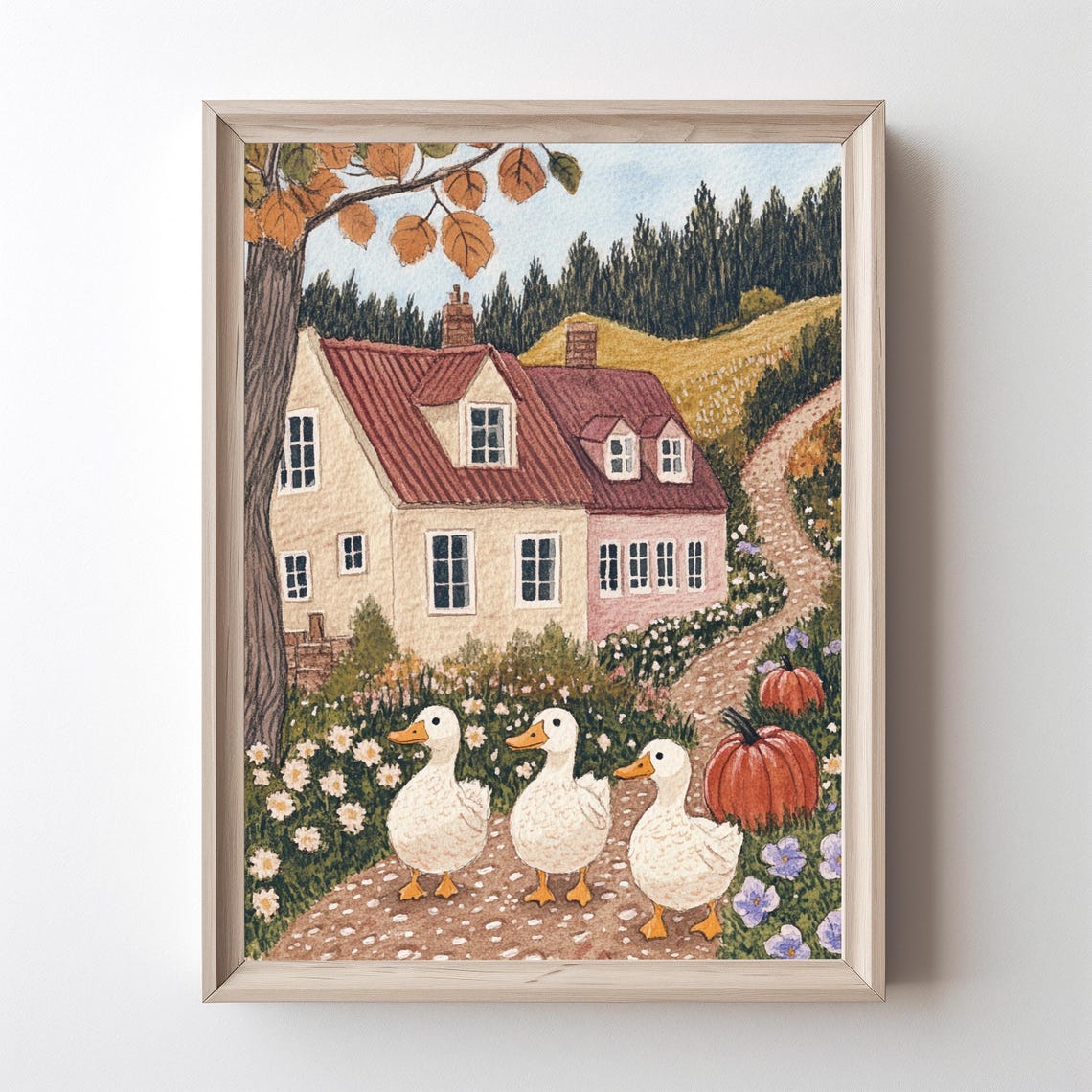 Three White Ducks With Pumpkins At A Cozy Autumn Cottage Poster