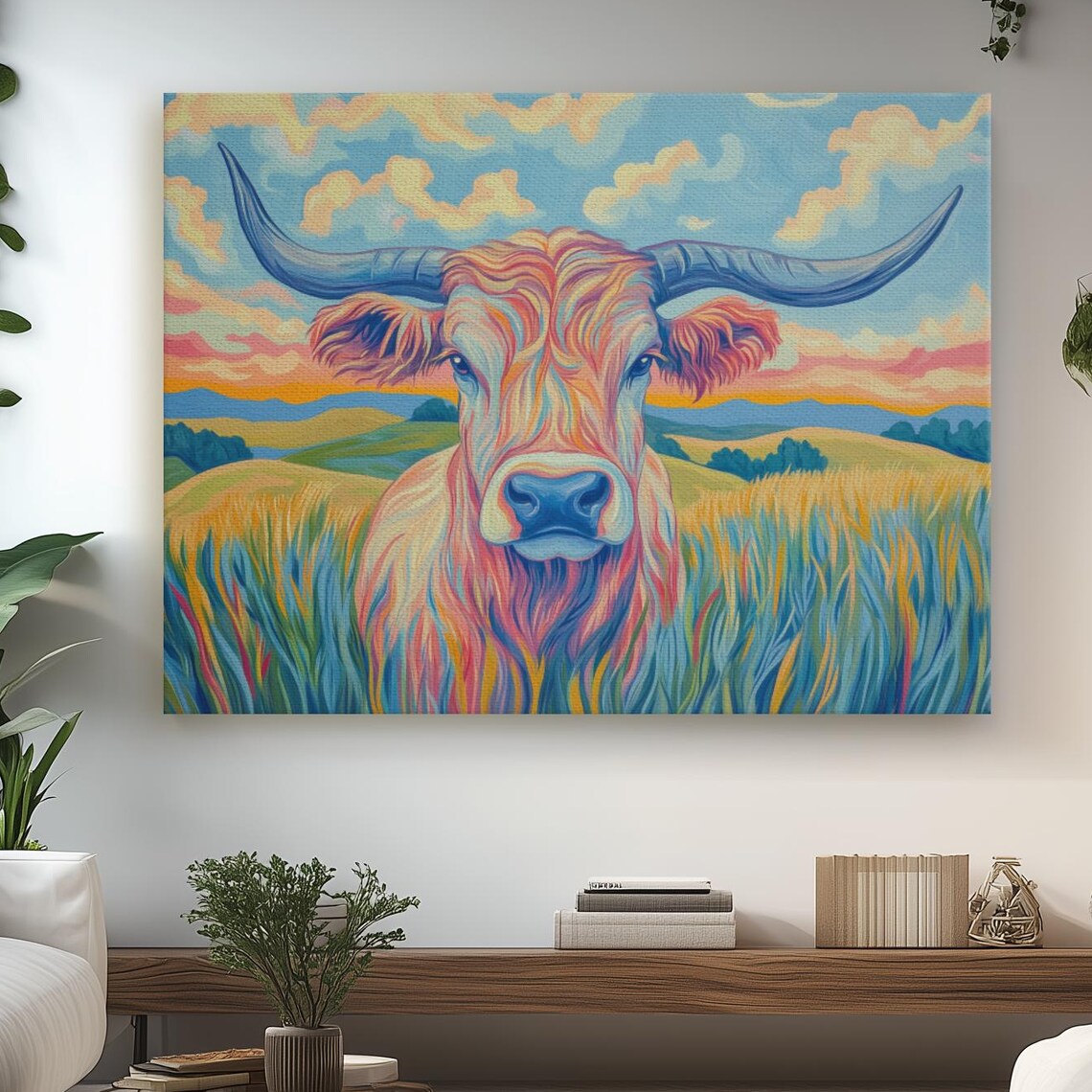 Colorful Highland Cow Sunset Prairie Abstract Painting Poster