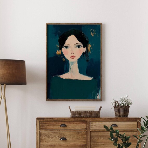 Woman Portrait with Expressive Eyes on Dark Green Art Poster