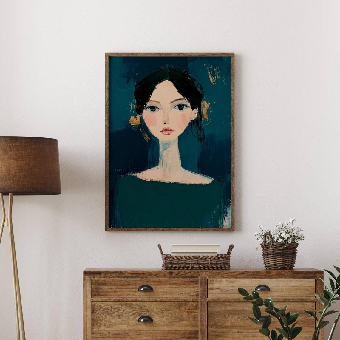 Woman Portrait with Expressive Eyes on Dark Green Art Poster