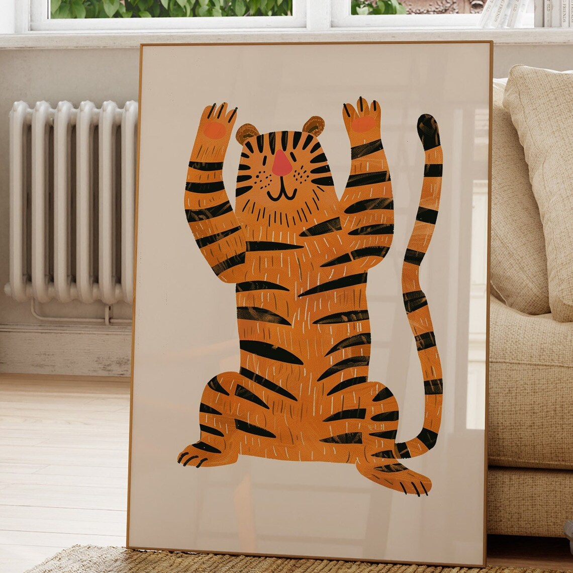 Happy Orange Tiger Sitting Paws Up Fun Nursery Animal Poster