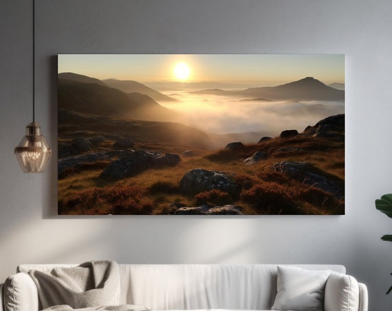 Scotish Sunrise Print Majestic Mountain Landscape In The Morning Glow Wall Art For Home Decor