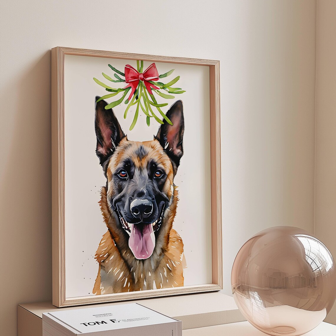 Belgian Malinois Mistletoe Christmas Dog Portrait Watercolor Holiday Poster