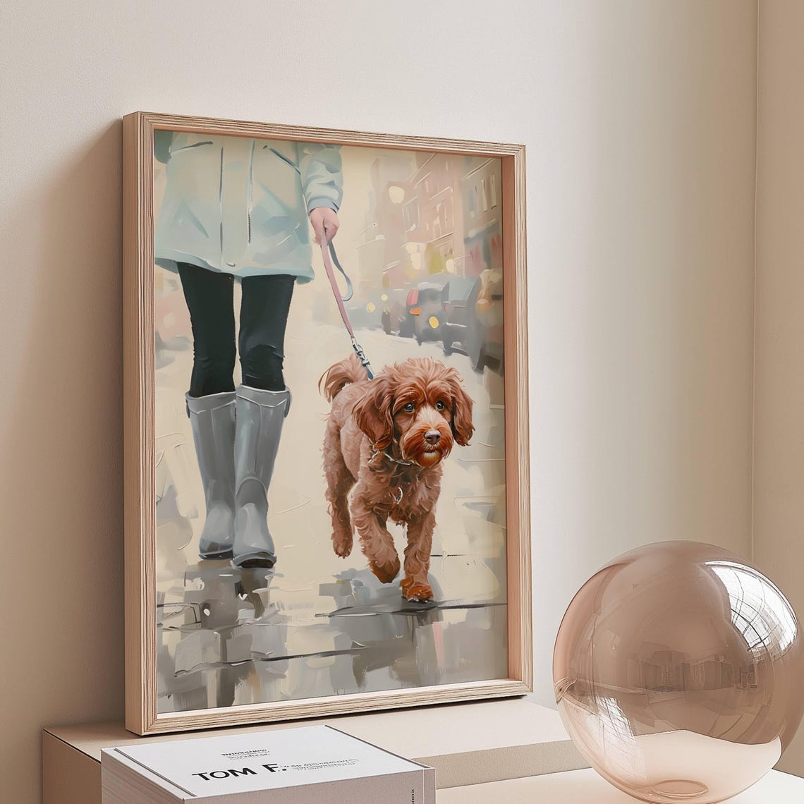Brown Doodle Puppy Leash Walk Rainy City Street Cozy Art Poster