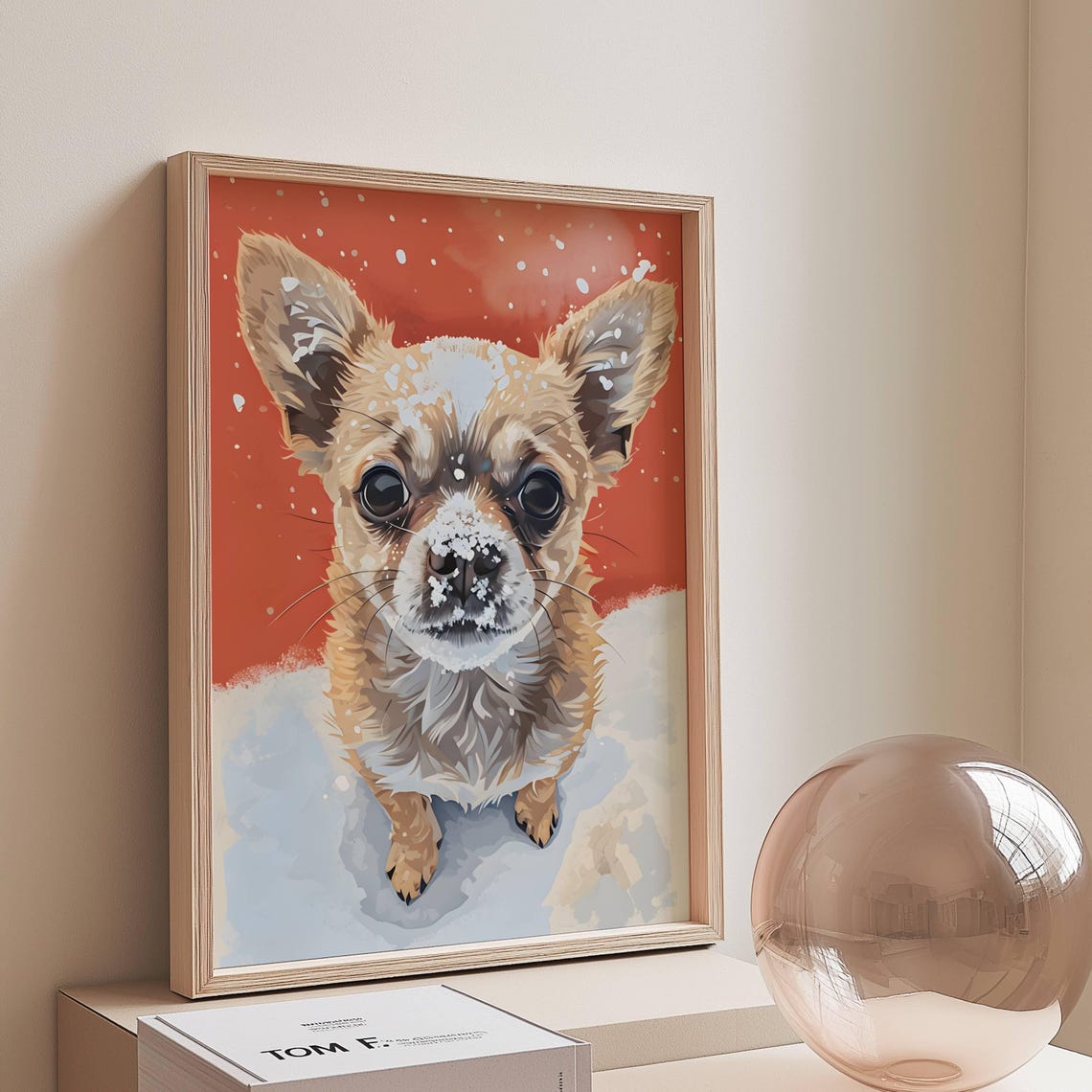 Little Chihuahua Puppy Winter Snow Red Background Cute Dog Poster
