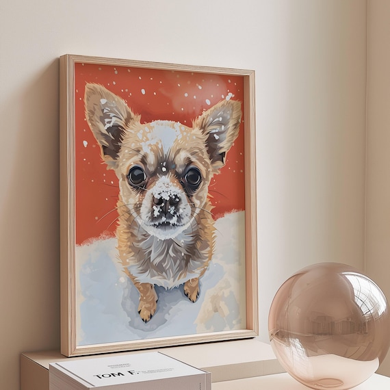 Little Chihuahua Puppy Winter Snow Red Background Cute Dog Poster