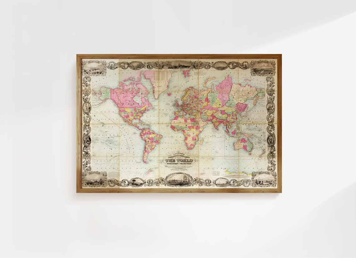 Colton 1854 World Map Mercator Projection Vintage Chart Poster