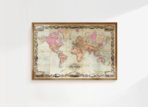 Colton 1854 World Map Mercator Projection Vintage Chart Poster