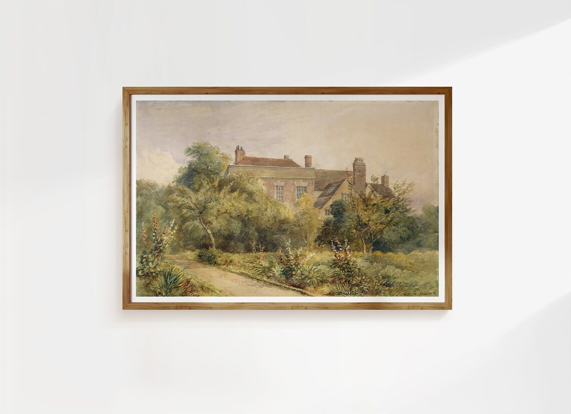 Rustic Country House Brick Manor Garden Watercolor Art Poster
