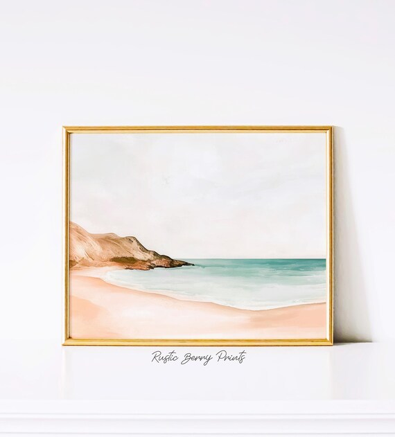 Minimalist Blush Pink Beach Turquoise Ocean Rocky Cliff Serene Art Poster
