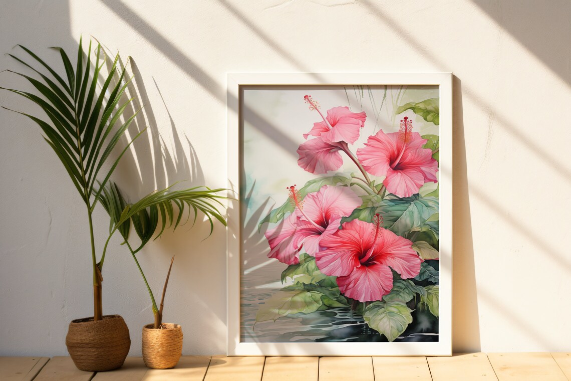 Pink Hibiscus Watercolor Art Print, Home Office Decor - Image 4