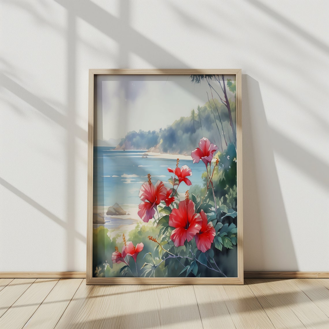 Hibiscus Water Color Art Red Floral Beach Scene With Palm Trees Blue Water Print For Home Decor