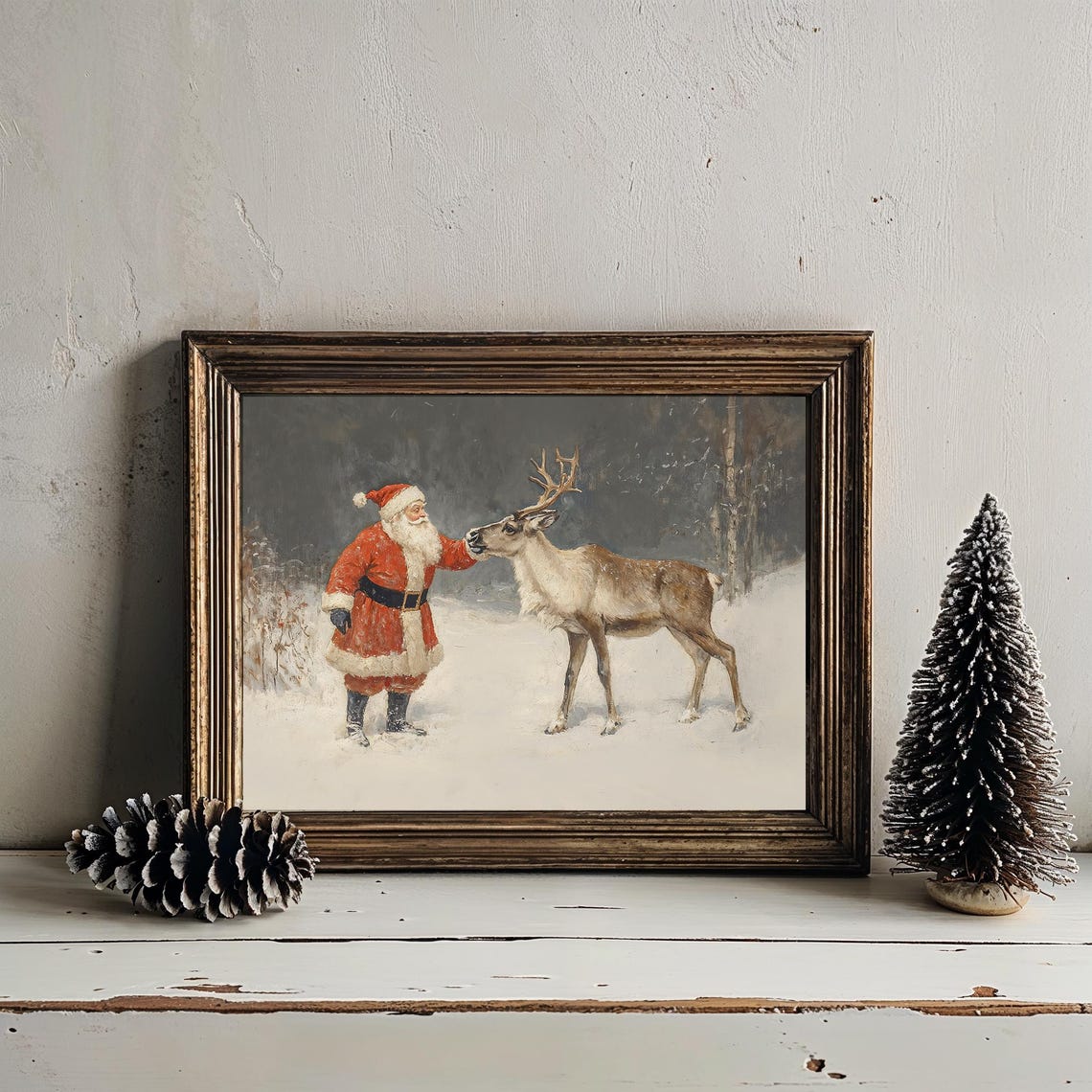 Vintage Santa Claus Reindeer Snowy Forest Christmas Art Poster - Image 3