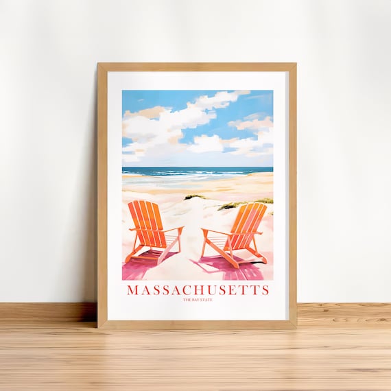 Massachusetts Bay State Beach with Orange Adirondack Chairs Poster